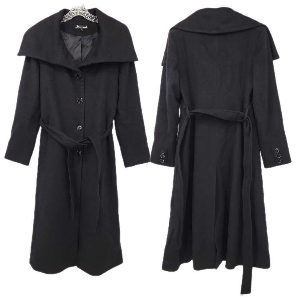 Sofia Cashmere black wool and cashmere pea coat with belt Size 6